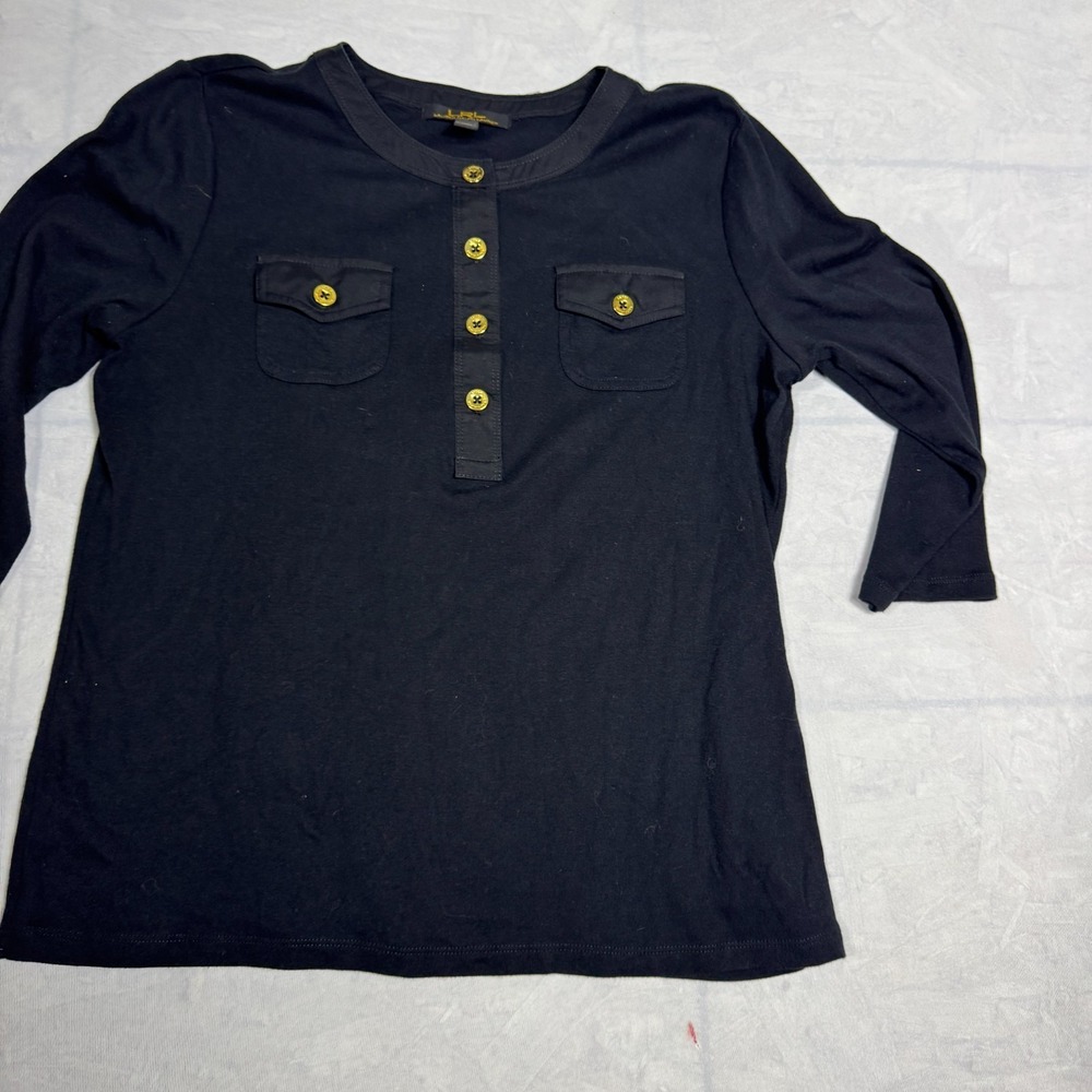 Lauren Ralph Lauren Womens Blouse Top Black‎ Gold Buttons Pocket Henley Neck L - Picture 5 of 15